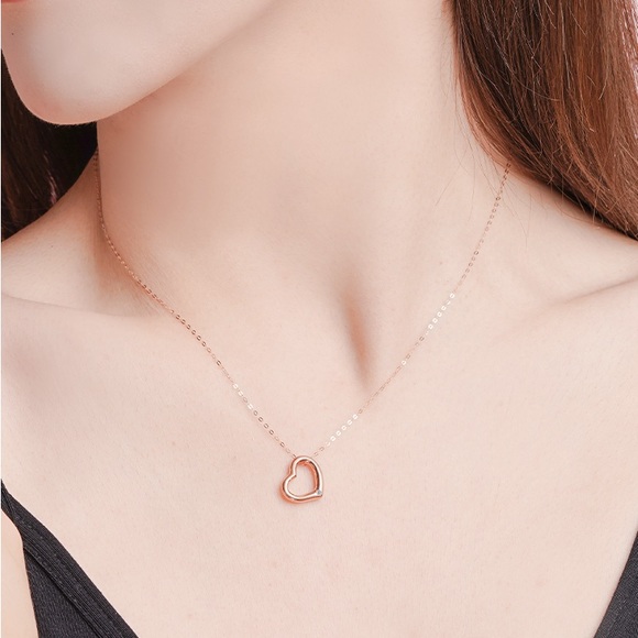 18k Solid Rose Gold Open Heart with 0.01 ct Diamond Necklace 16“+2“ - Picture 5 of 6